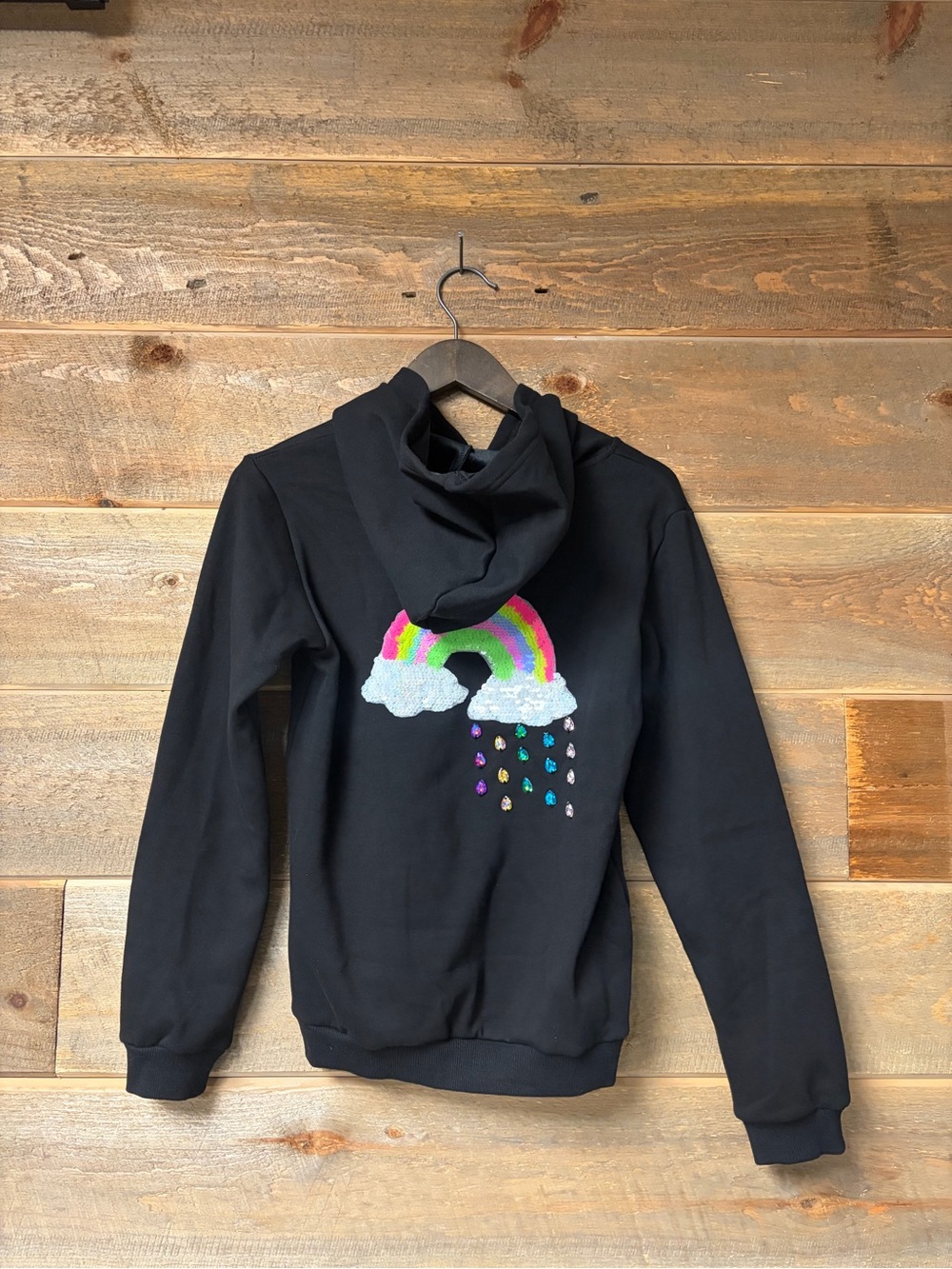 Lola + The Boys Rainbow Cloud Cords Black Sequin Hoodie Fleece Lined Girls 14
